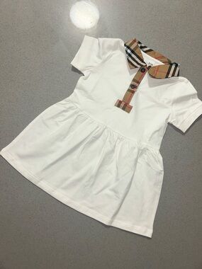 Burberry White Dress with Classic Check Collar little girls